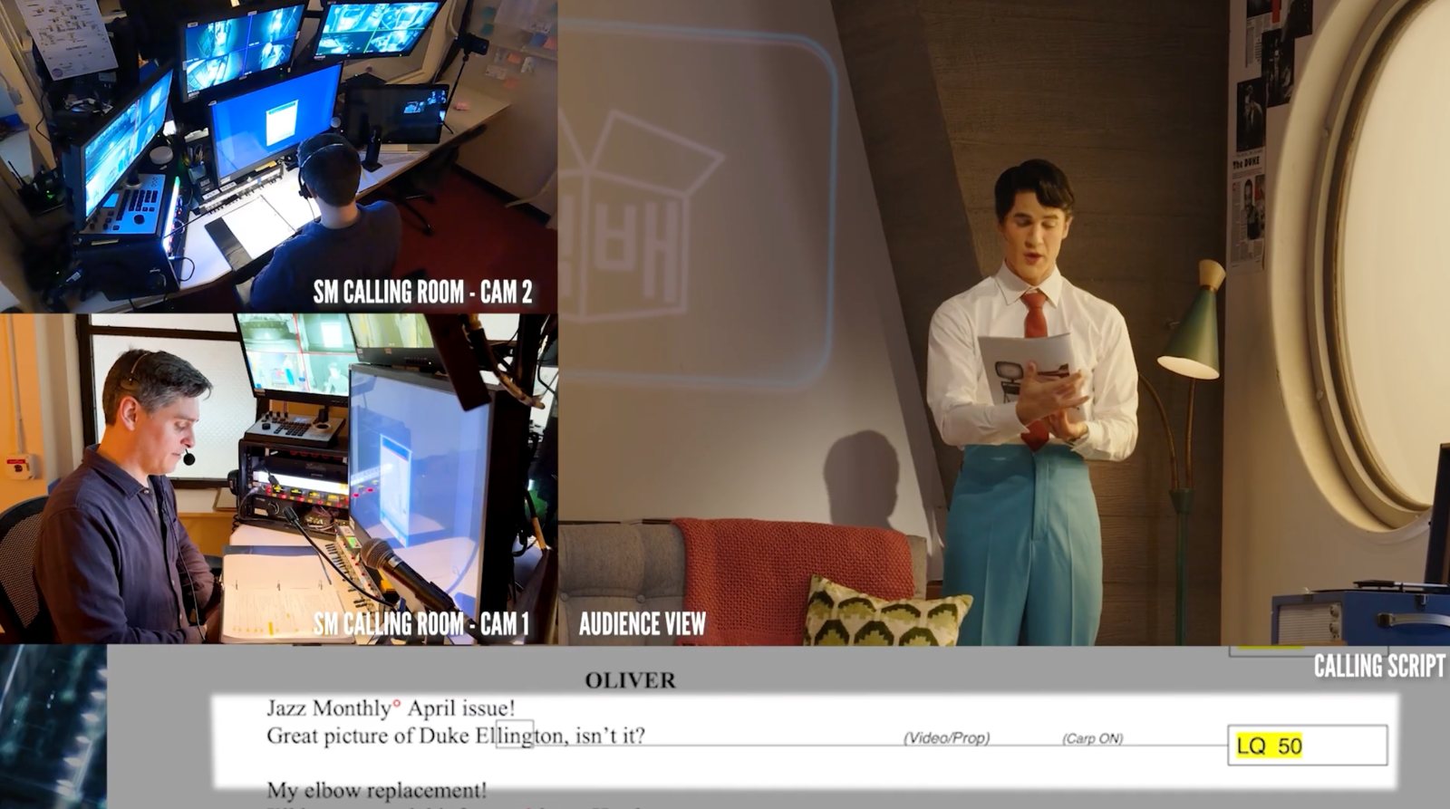 Split screen of the stage manager calling room and the stage